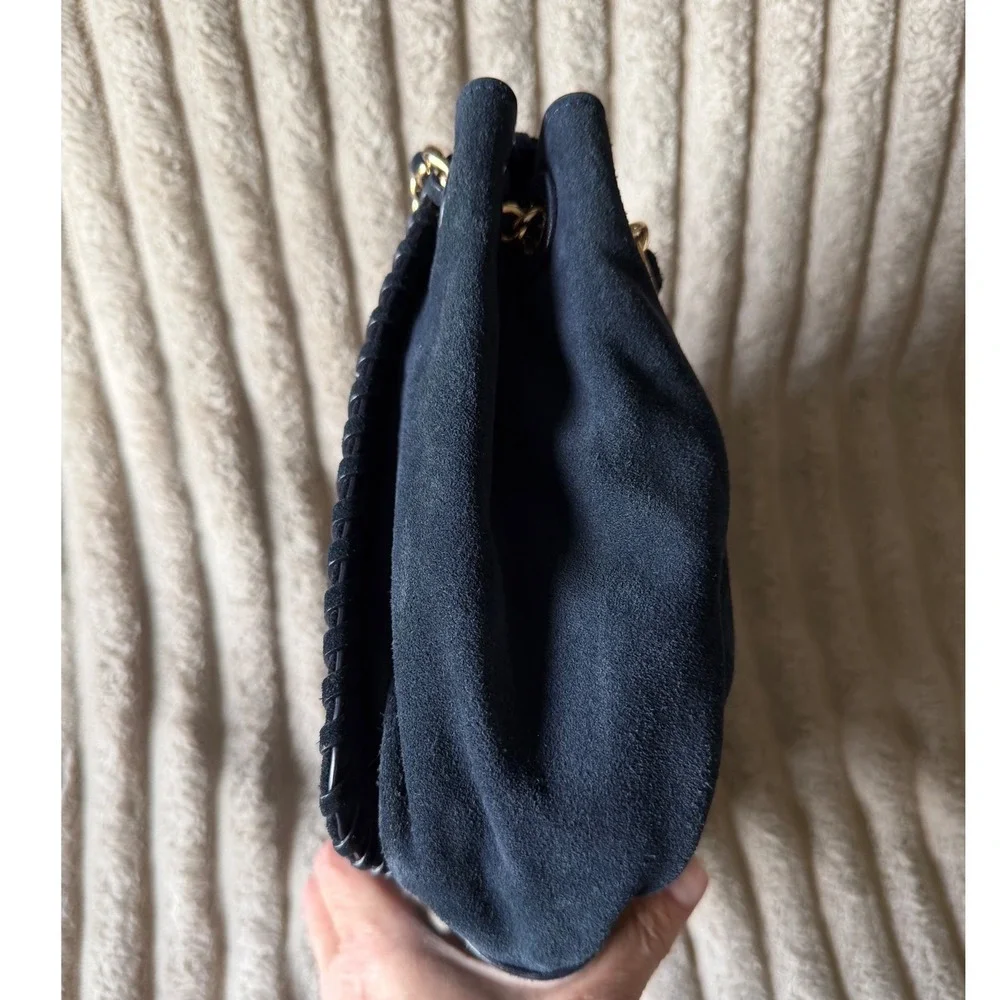 Tory Burch Marion Navy Blue Suede Whipstitch Chain Crossbody Bag